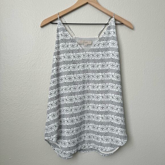 Ann Taylor LOFT Women's White Floral Tank Top Blouse Racerback V-Neck Size Small - Picture 1 of 6